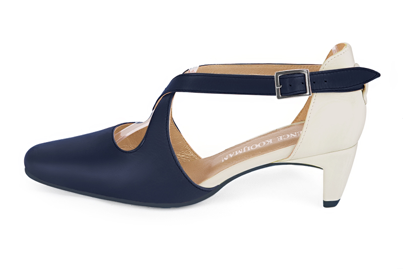 Navy blue and off white women's open side shoes, with crossed straps. Round toe. Low comma heels. Profile view - Florence KOOIJMAN